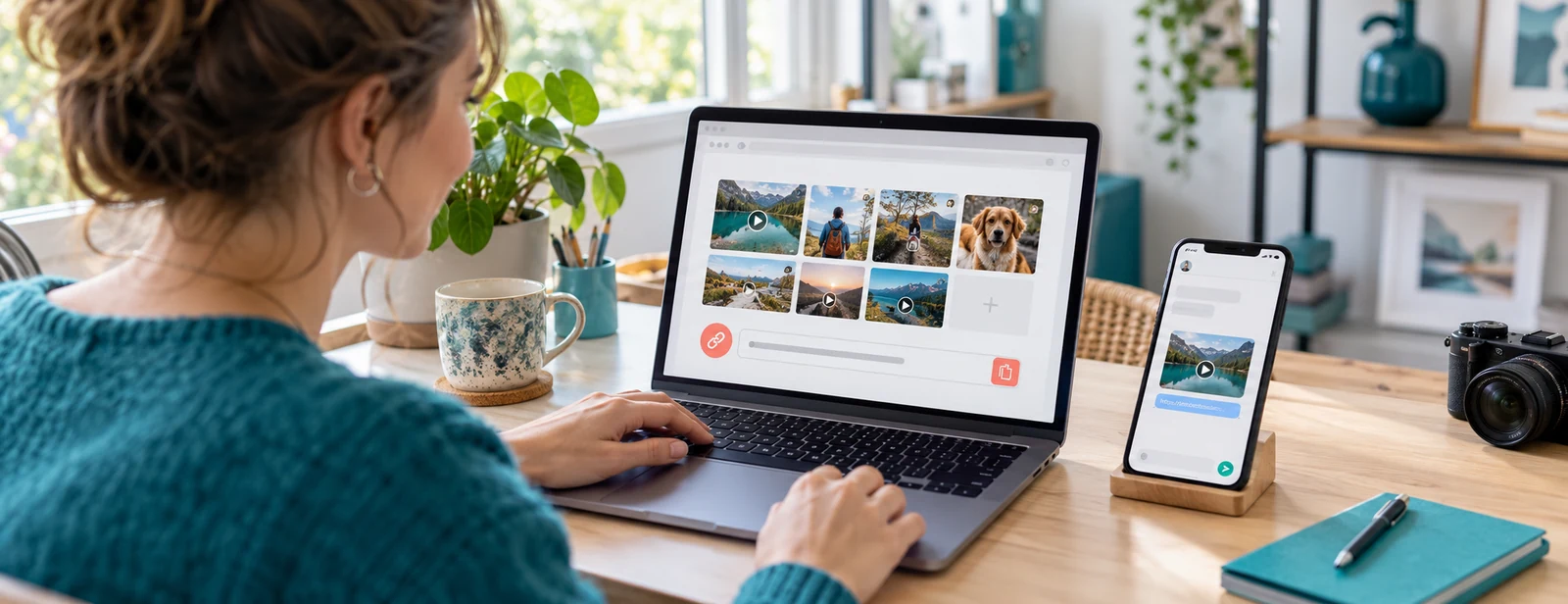 Foto's en video's klaarzetten op een laptop en een downloadlink delen via een telefoon.